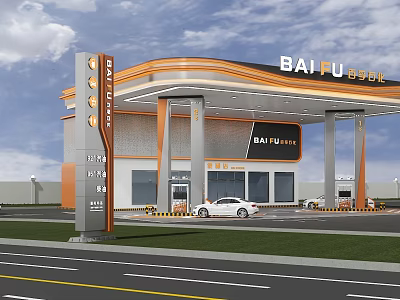 BAI FU OIL Gas Station Exterior Design With Canopy Fuel Pumps And Vehicles 3d model