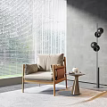 Modern Single Sofa With Beige Cushion Wooden Frame Side Table Floor Lamp And Blinds