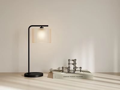 Modern Black Pole Desk Lamp with Light Square Shade on Desk with Books Metal Decor 3d model