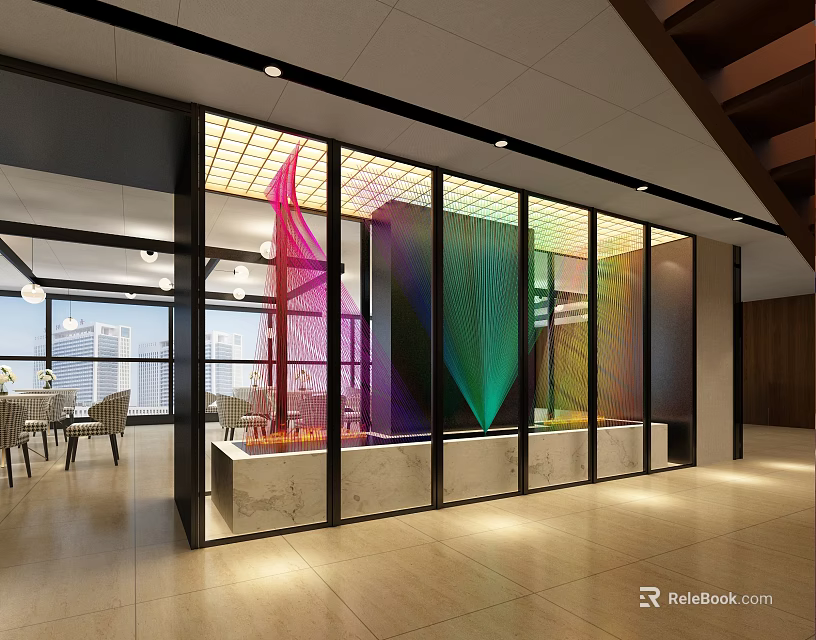 Modern Colorful Glass Window Display In Restaurant Interior With Bright Lighting 3d model 