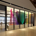 Modern Colorful Glass Window Display In Restaurant Interior With Bright Lighting