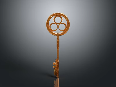 Golden Household Key With Ornate Circular Head And Shiny Metallic Finish 3d model