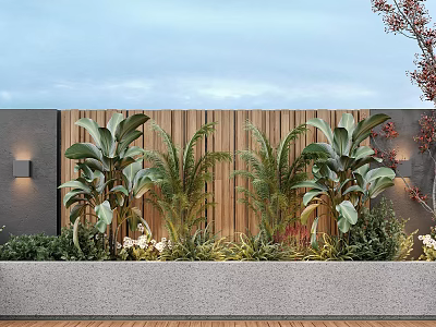 Modern Outdoor Feature Wall Design With Wooden Slats Green Plants And Wall Lighting 3d model