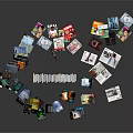 Household Items Including Books And Magazines Scattered On Black Background