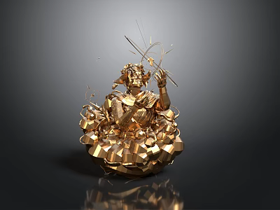 Golden Abstract Sculpture With Geometric Shapes And Metallic Elements On Spherical Base 3d model