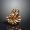 Golden Abstract Sculpture With Geometric Shapes And Metallic Elements On Spherical Base