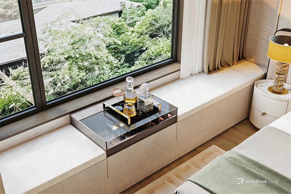 Stylish Bay Window Interior Design Featuring Decorative Tray And Green View 3d model