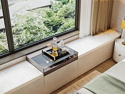 Stylish Bay Window Interior Design Featuring Decorative Tray And Green View 3d model