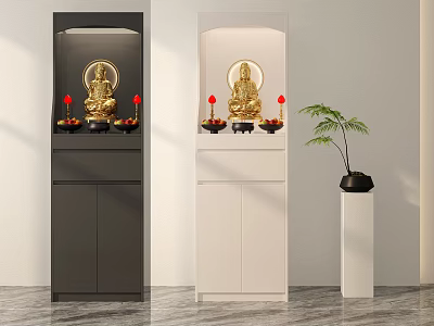 Black And White Buddhist Shrine Cabinet With Buddha Statue Candles Offerings And Potted Plant 3d model