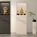 Black And White Buddhist Shrine Cabinet With Buddha Statue Candles Offerings And Potted Plant