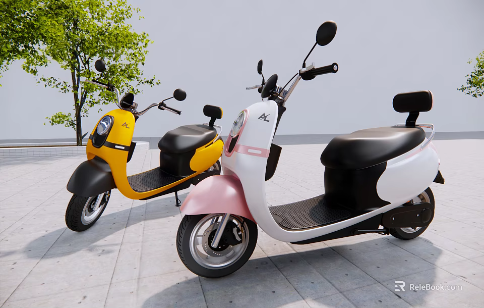 Yellow and Pink White Scooters with Black Seats Parked on Sidewalk Near Tree 3d model 