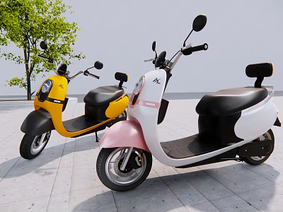 Yellow and Pink White Scooters with Black Seats Parked on Sidewalk Near Tree 3d model