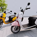Yellow and Pink White Scooters with Black Seats Parked on Sidewalk Near Tree