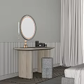 Modern Wooden Dressing Table With Round White Frame Mirror And Grey Textured Stool 3d model