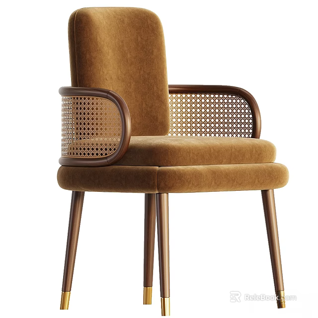 Brown Velvet Stool With Wooden Armrests Rattan Woven Detail And Slender Wooden Legs 3d model 