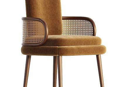 Brown Velvet Stool With Wooden Armrests Rattan Woven Detail And Slender Wooden Legs 3d model
