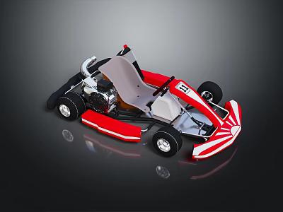 Red And White Go Kart With Open Structure Seat Engine And Wheels 3d model