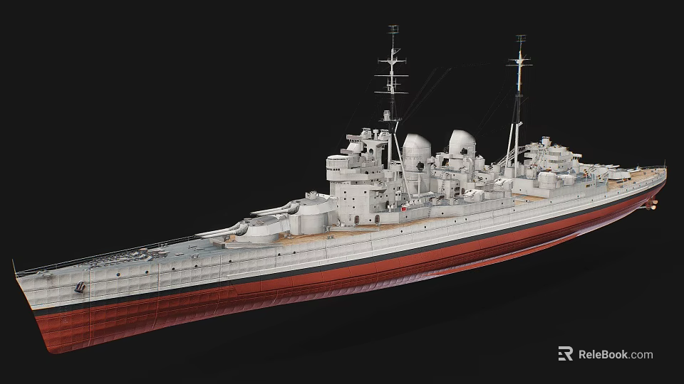 Detailed Warship Model With White Hull Red Bottom And Superstructure Antennas Turrets 3d model 