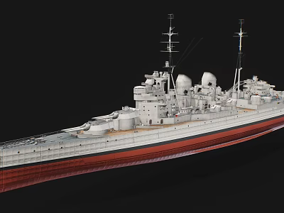 Detailed Warship Model With White Hull Red Bottom And Superstructure Antennas Turrets 3d model