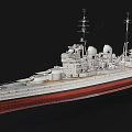 Detailed Warship Model With White Hull Red Bottom And Superstructure Antennas Turrets