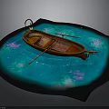 Wooden Boat Floating On Turquoise Water With Purple Glowing Spots And Oar