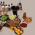 Assorted Food Collection With Beverages Fresh Fruits Pancakes Chicken And Nuts