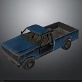 Worn Blue Pickup Truck with Rusty Body and Open Bed on Reflective Surface