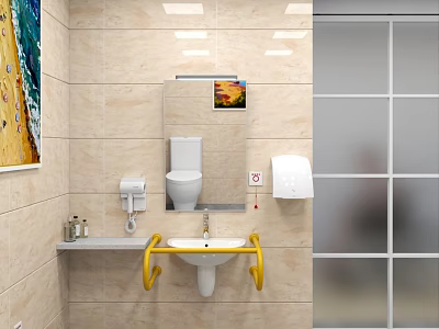 Public Restroom Interior With Tiled Walls Mirror Toilet Sink Yellow Grab Bars And Glass Partition 3d model