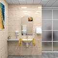 Public Restroom Interior With Tiled Walls Mirror Toilet Sink Yellow Grab Bars And Glass Partition