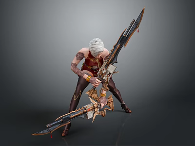 Game Movie Character With White Hair Tattoos Red Top Ornate Bloodstained Weapon And Powerful Stance 3d model