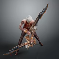 Game Movie Character With White Hair Tattoos Red Top Ornate Bloodstained Weapon And Powerful Stance