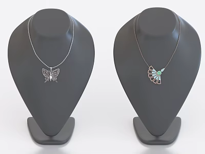 Butterfly And Leaf Pendant Necklaces With Green Accent On Display Stands 3d model