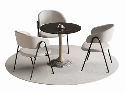 Modern Dining Table Set with Round Black Table Three White Chairs and Light Gray Rug 3d model