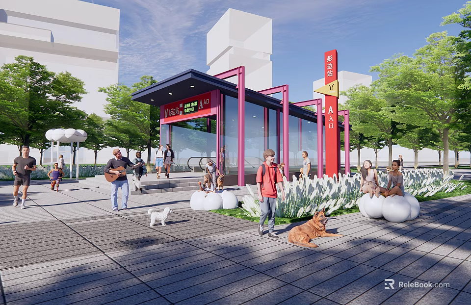 Modern Subway Station Entrance With Red Frame Plaza Area Pedestrians And Green Plants 3d model 