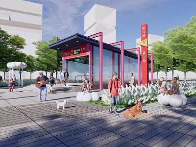 Modern Subway Station Entrance With Red Frame Plaza Area Pedestrians And Green Plants 3d model