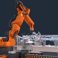 Industrial Robotic Arm Operating On Metal Components With White Base And Sparks