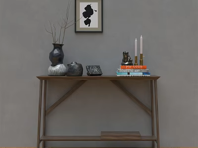 Console Table With Black Vase Twigs Gray Decor Books Candles And Artwork On Gray Wall 3d model
