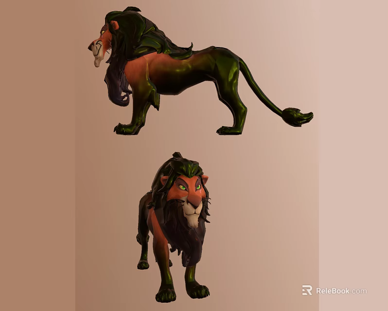 Cartoon Lion Characters With Green And Brown Mane In Different Poses 3d model 