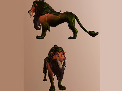 Cartoon Lion Characters With Green And Brown Mane In Different Poses 3d model