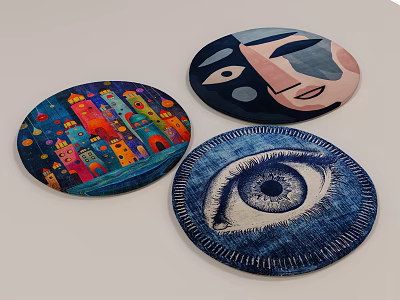 Colorful Round Rugs with Abstract Face House and Eye Patterns for Home Decor 3d model