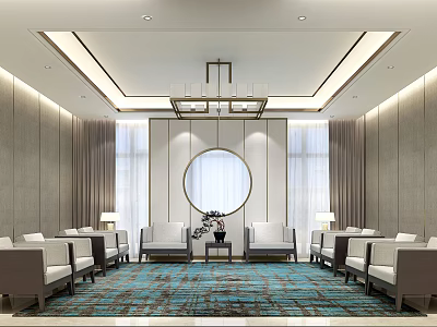 Hotel Public Lounge Interior With Comfortable Sofas Circular Decor Chandelier And Patterned Rug 3d model