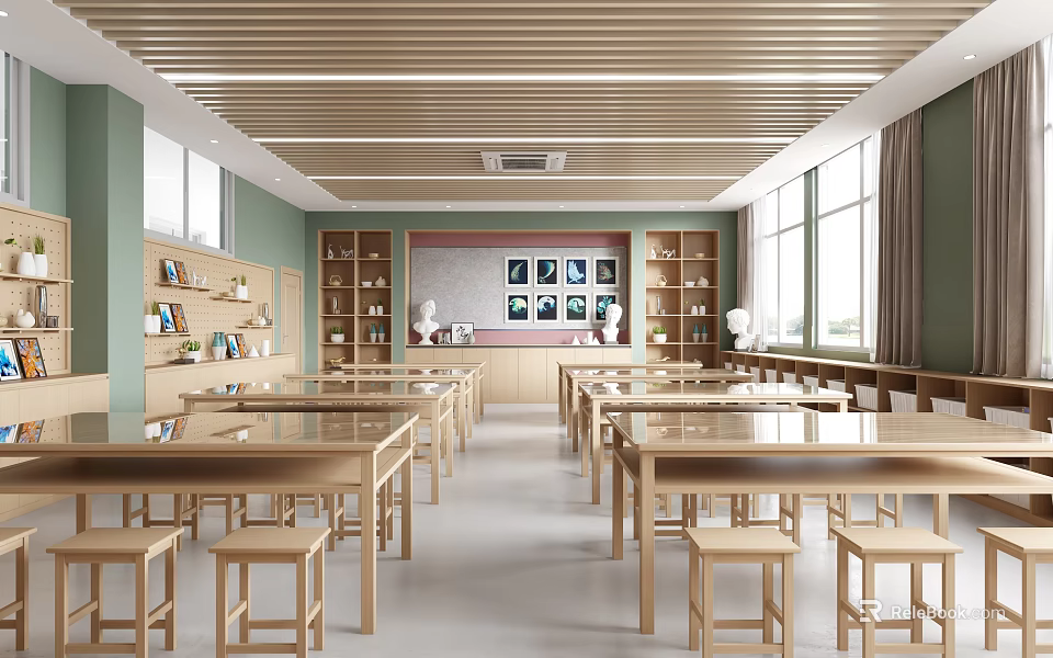 School Study Room With Wooden Slat Ceiling Tables Stools Bookshelves Green Walls And Windows 3d model 