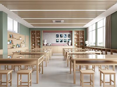 School Study Room With Wooden Slat Ceiling Tables Stools Bookshelves Green Walls And Windows 3d model
