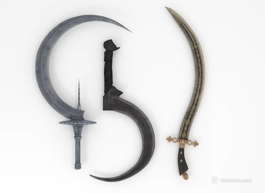 Various Medieval Weapon Types Including Sickle Scimitar and Straight Sword with Intricate Designs 3d model 