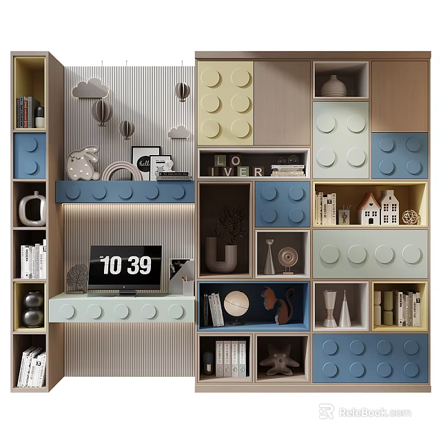 Lego Like Blue And Beige Decorative Cabinet With Storage Compartments Books And Clock 3d model 