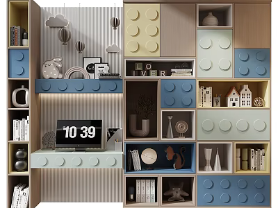 Lego Like Blue And Beige Decorative Cabinet With Storage Compartments Books And Clock 3d model