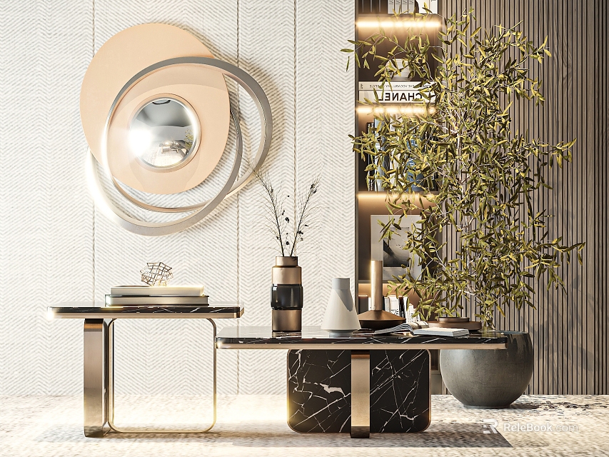 Modern Style Coffee Table With Marble Top Metal Frame Decorative Vase Plant And Wall Mirror 3d model 