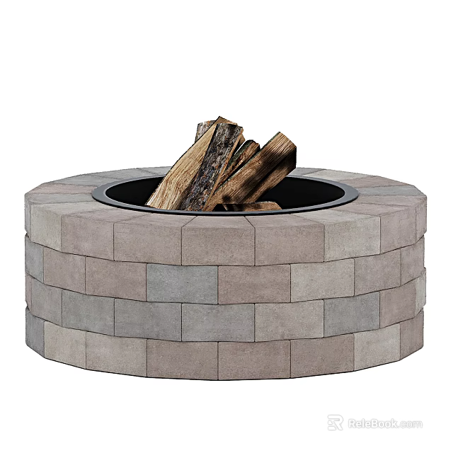 Circular Outdoor Fire Pit Constructed From Stone Tiles With Firewood 3d model