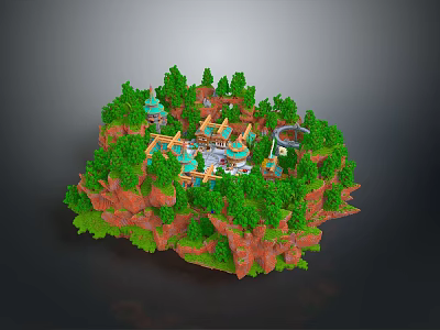 Scenic Mountain Landscape with Red Rock Formations Verdant Trees and Traditional Pavilions 3d model