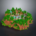 Scenic Mountain Landscape with Red Rock Formations Verdant Trees and Traditional Pavilions